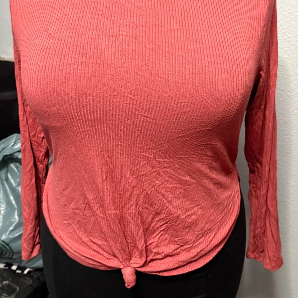 Haute Fox Salmon Pink Ribbed Mock Neck Tie Front Long Sleeve Top 2X